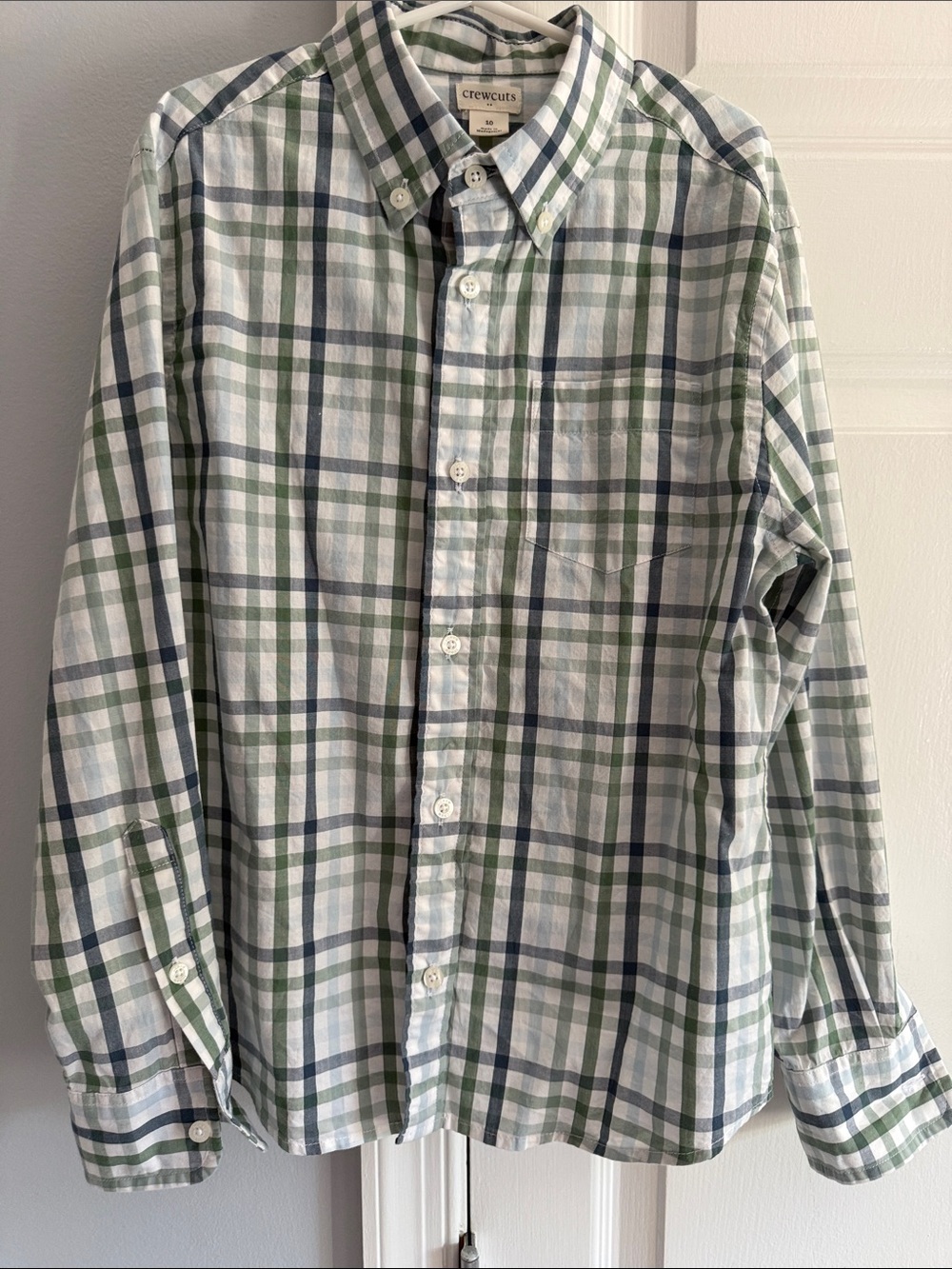 Crewcuts Men's Plaid Button-Down Shirt in White, Green & Blue